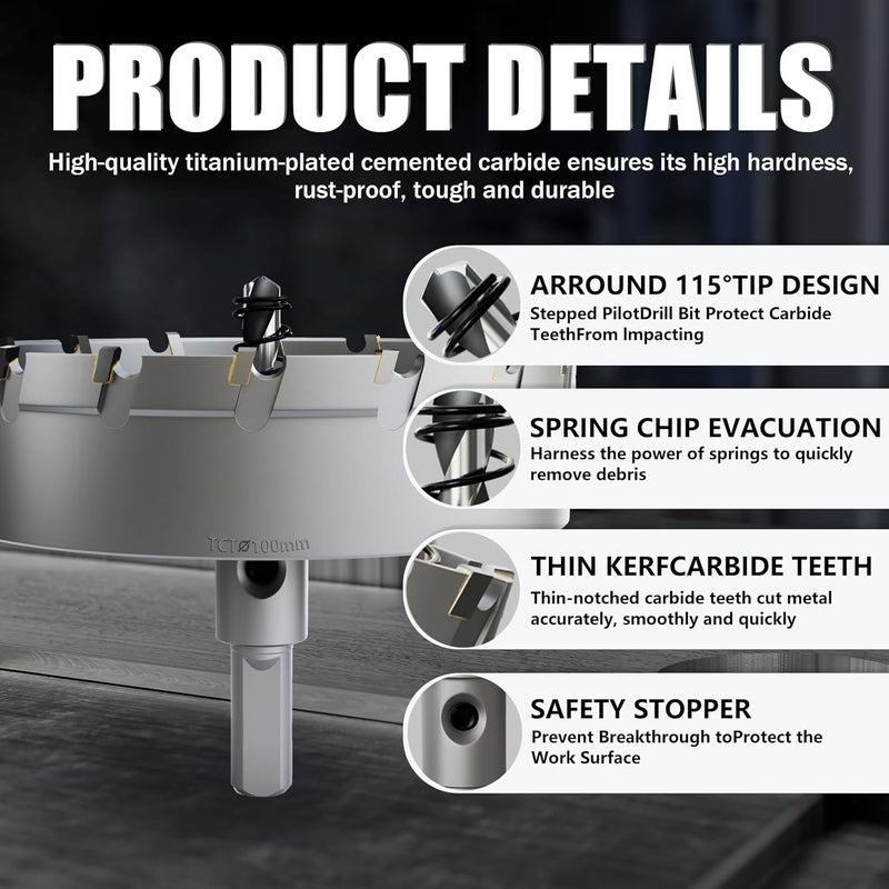 GSTK Heavy Duty Carbide Hole Saw Set, 3-15/16” (100mm), Extra Deep Cutting Depth of 1.1 Inches (28mm) - Ideal for Stainless Steel, Mild Steel, Iron, Copper, Brass, and Plastic - Image 5